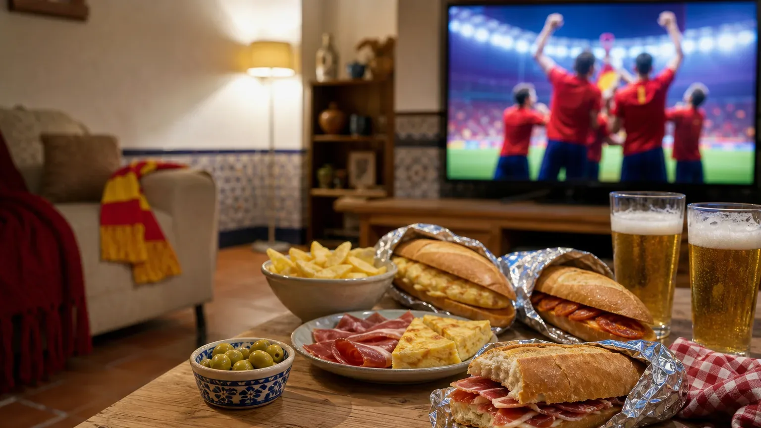 Torcedores espanhóis em casa assistindo ao jogo, segurando bocadillos embrulhados em papel alumínio