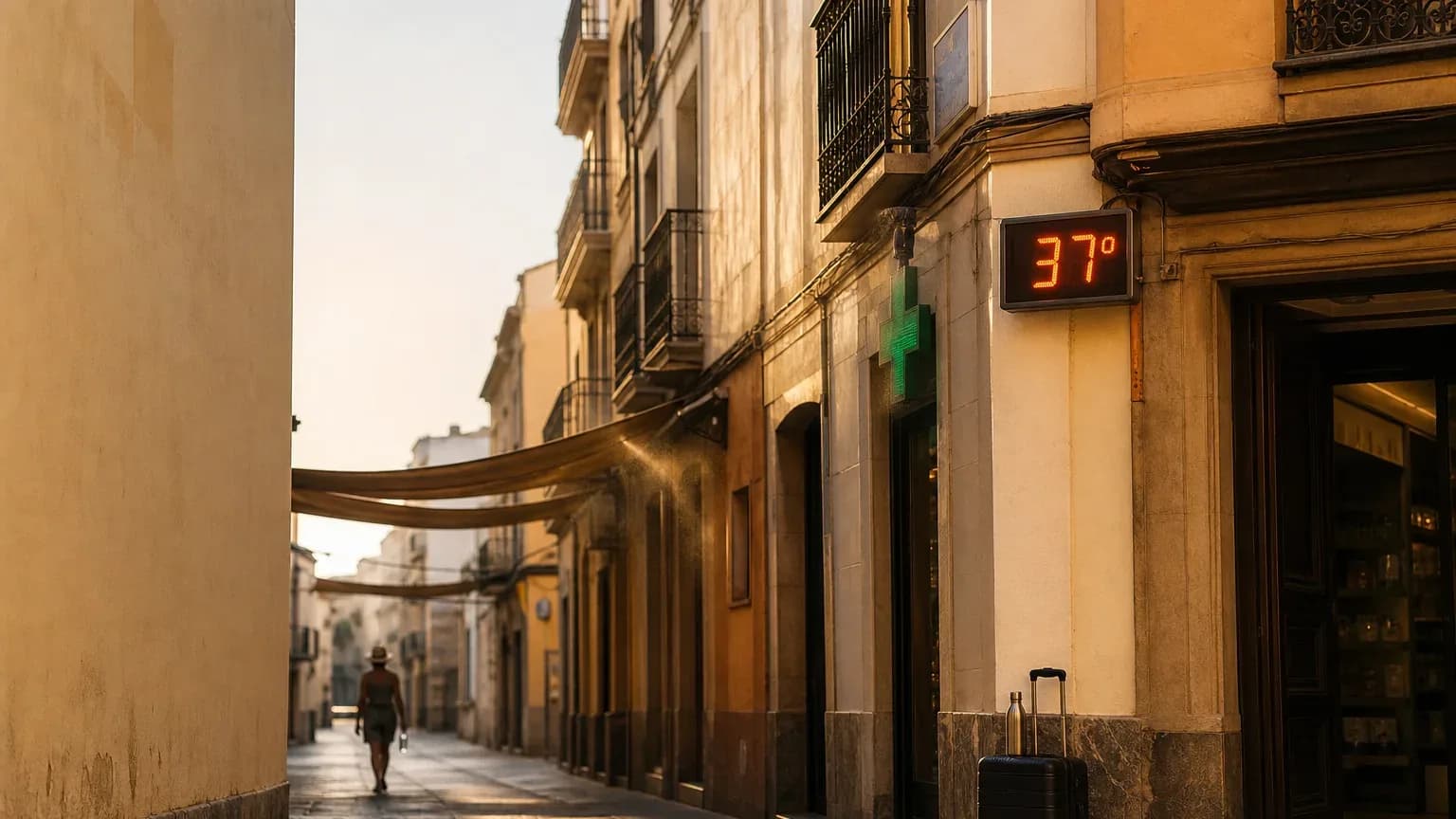 Rua na Espanha com termômetro marcando 37 C ao entardecer durante a onda de calor europeia de 2026