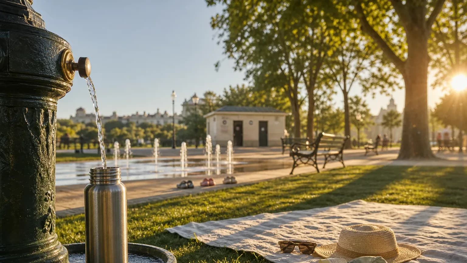 Famílias aproveitando o fim de tarde em um parque europeu com sombra, bebedouro e crianças brincando na água.