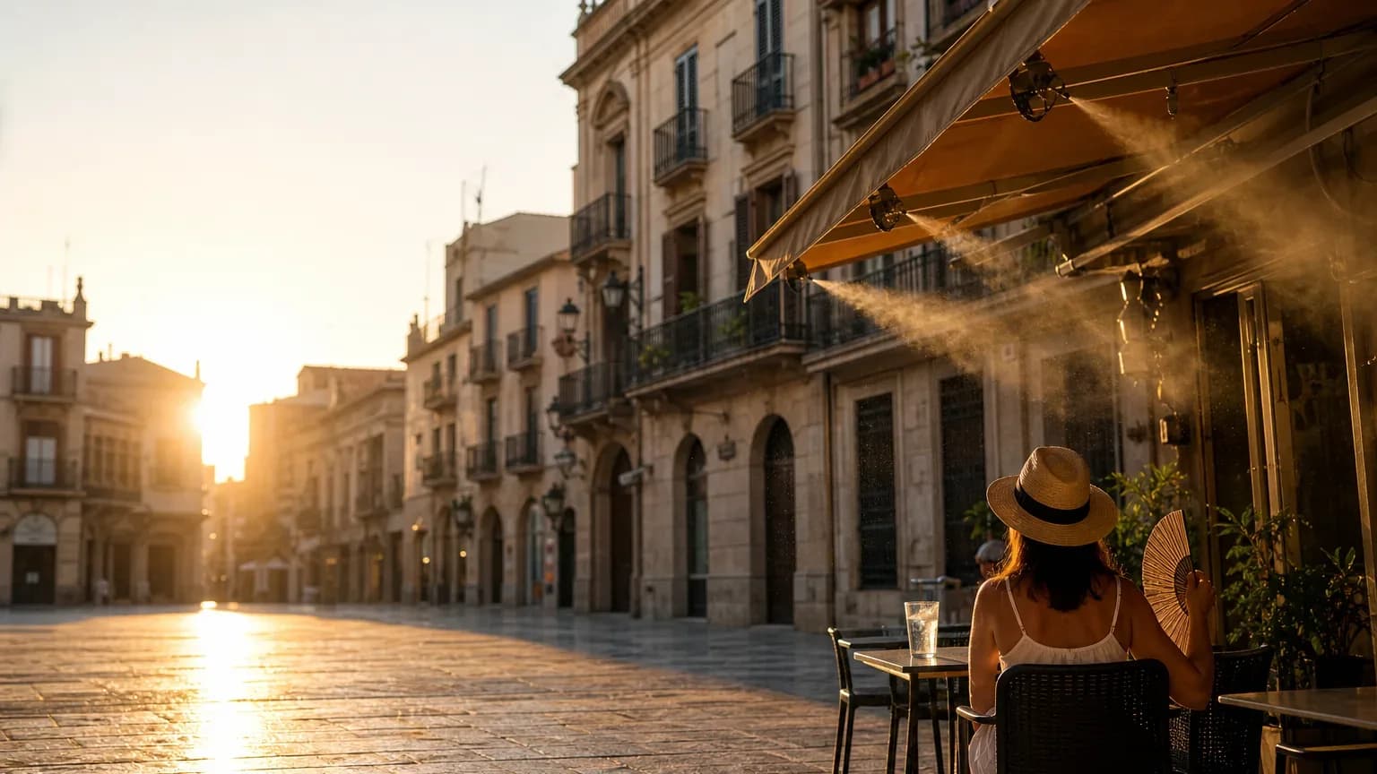 Entardecer quente em rua espanhola com pessoas na sombra e nebulizadores em um bar